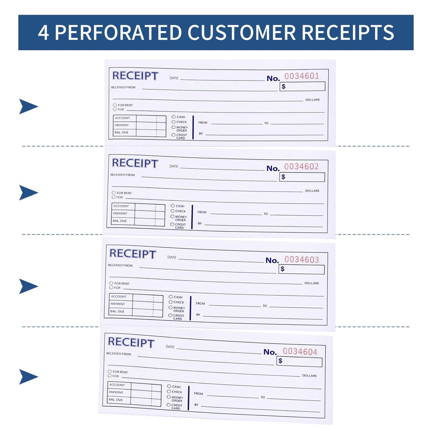 6 Pack Large Money and Rent Receipt Books with Cardboard Insert,7-5/8" x 10-7/8" Spiral Bound,3 Part Carbonless,100 Sets per Book,4 Receipts Per Page for Rent and Cash Transaction