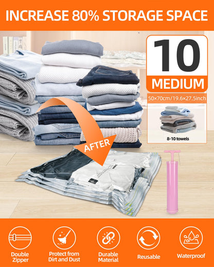 Vacuum Storage Bags, 10 Medium Vacuum Seal Bags for Clothing & Bedding, Space Saver Bags for Organization and Storage, Hand Pump Included – Ideal for Home, Travel & Moving Use (10M)