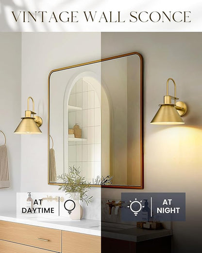 Wall Sconces for Bathroom Set of 2, HWH Wall Mount Lighting with Metal Shade, Gooseneck Gold Wall Lights for Living Room Mirror Kitchen, Gold Finish, 5HZG56BL-2 BG