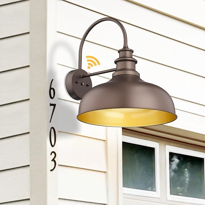 Bestshared 16 Inch Dome Large Dusk to Dawn Gooseneck Barn Light Anti-Rust Farmhouse Outdoor Wall Sconce Industrial Outdoor Wall Lights Exterior Lighting Fixture,Garage Lamp(ORB+Gold, 16” Dome-1Pack)