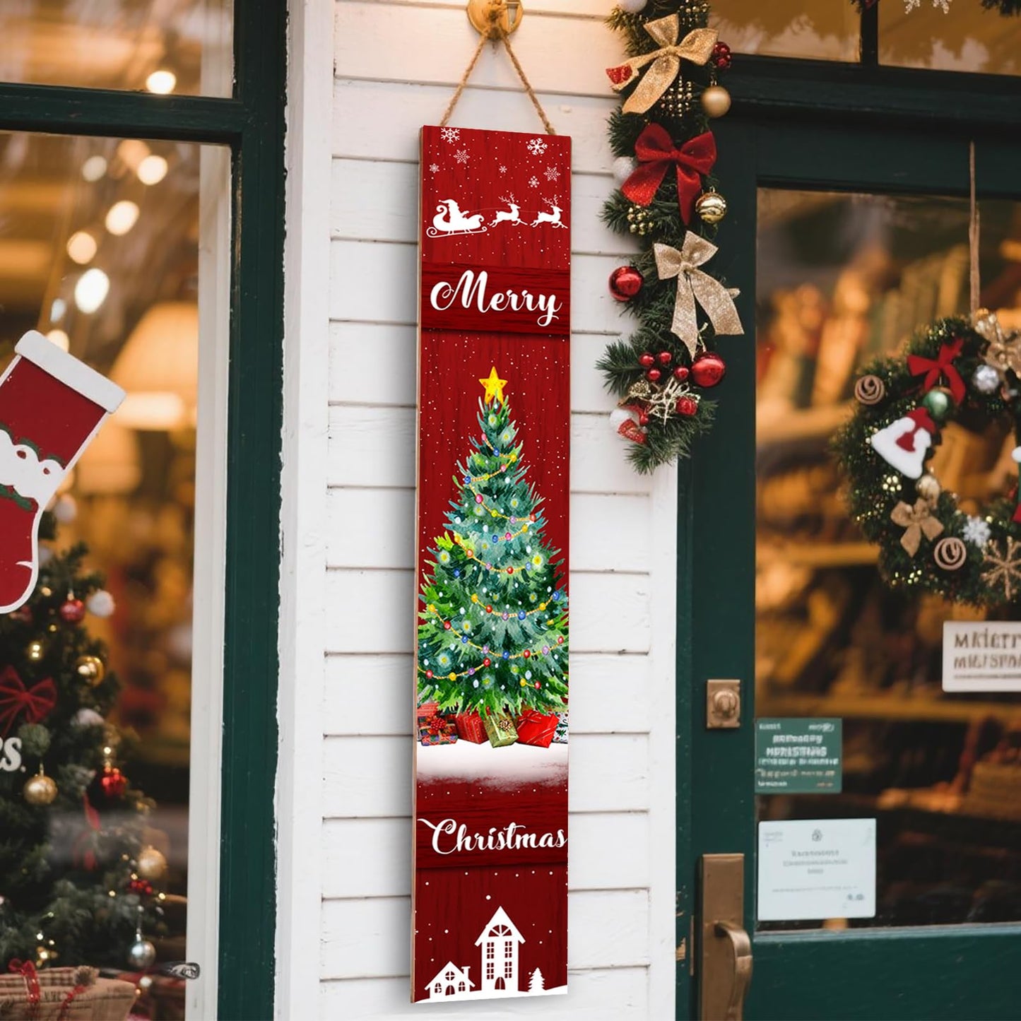 Merry Christmas Sign for Front Porch Standing, Reindeer Snowflake Wooden Sign, Xmas Welcome Porch Sign for Outdoor Yard Wall Decorations 47.2" H (Merry Christmas)