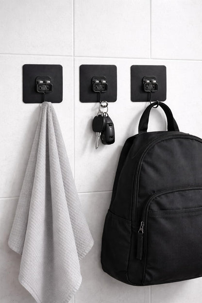 Black Metal Adhesive Wall Hooks Light Duty 6-Pack, No Drill Waterproof Sticky Hooks for Bathroom Kitchen Garage, Strong Wall Hooks for Towels, Keys, Coat, Tools, Holds Up to 20 lbs
