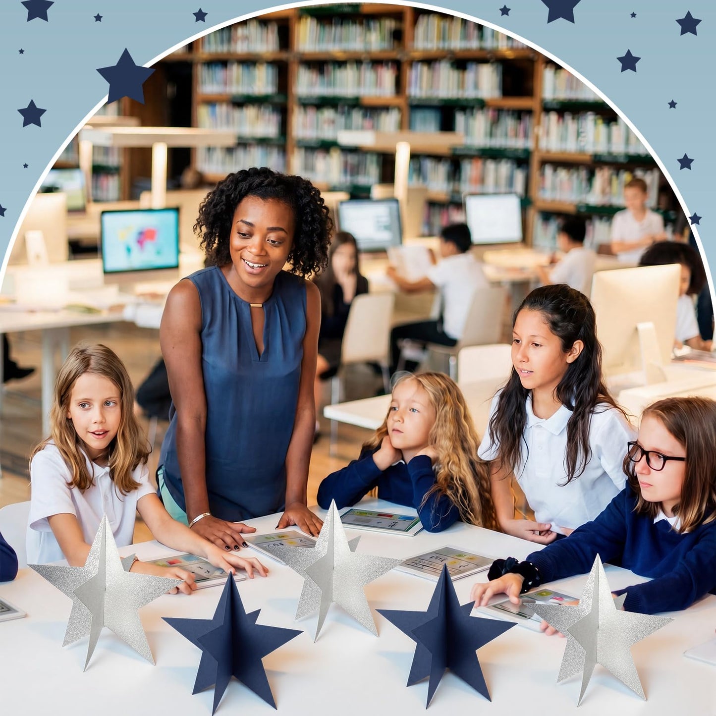 Sinload 18 Pcs Large 3D Glitter Star Decorations Back to School Work Navy Blue Silver Star Centerpiece Standing Hanging Decor for School Centerpiece Starry Movie Night Themed Party Decor