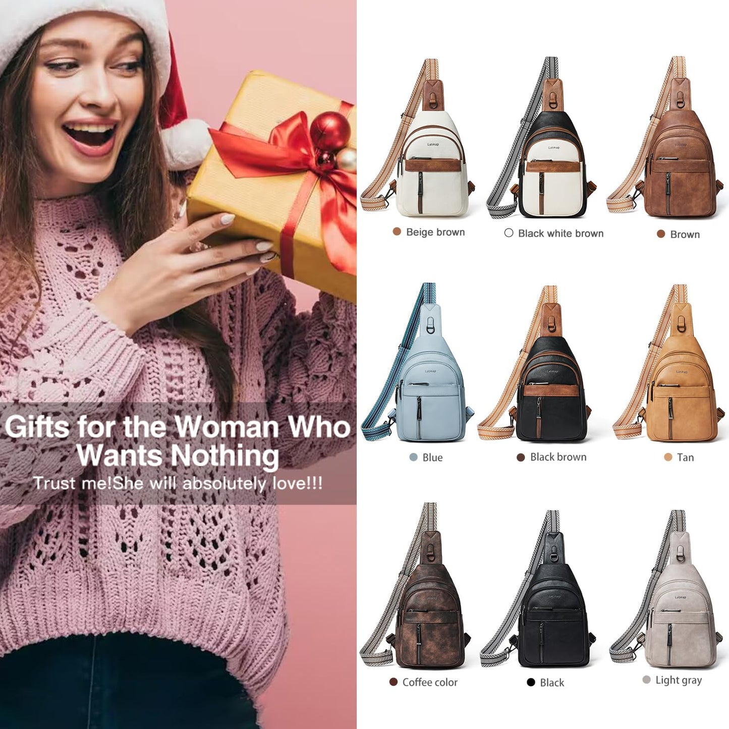 LATMAP 7L Sling Bag For Women Men Backpack Fanny Pack Crossbody Chest Travel Shoulder Belt Bags Purse Handbag PU Leather Brown