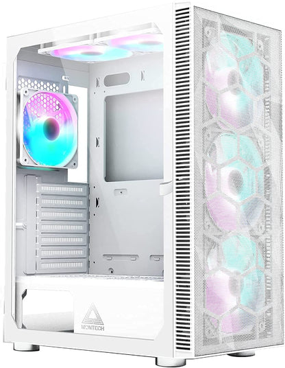Montech X3 Mesh 6pcs, 3 x 140mm& 3 x 120mm Fixed RGB Lighting Fans ATX Mid-Tower PC Gaming Case, USB3.0, Door Open Tempered Glass Side Panel, High Airflow, White
