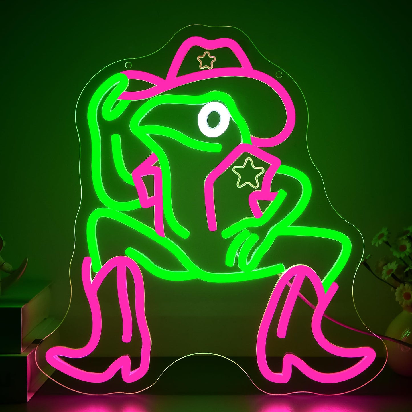 Cowboy Frog Neon Sign for Wall Decor Cartoon Frog Neon Light Dimmable Cool Anime LED Light Up Sign for Bedroom Game Room Party Bar Store Man Cave Birthday Gifts Size 13.8 * 12.9inches9(TWP333)