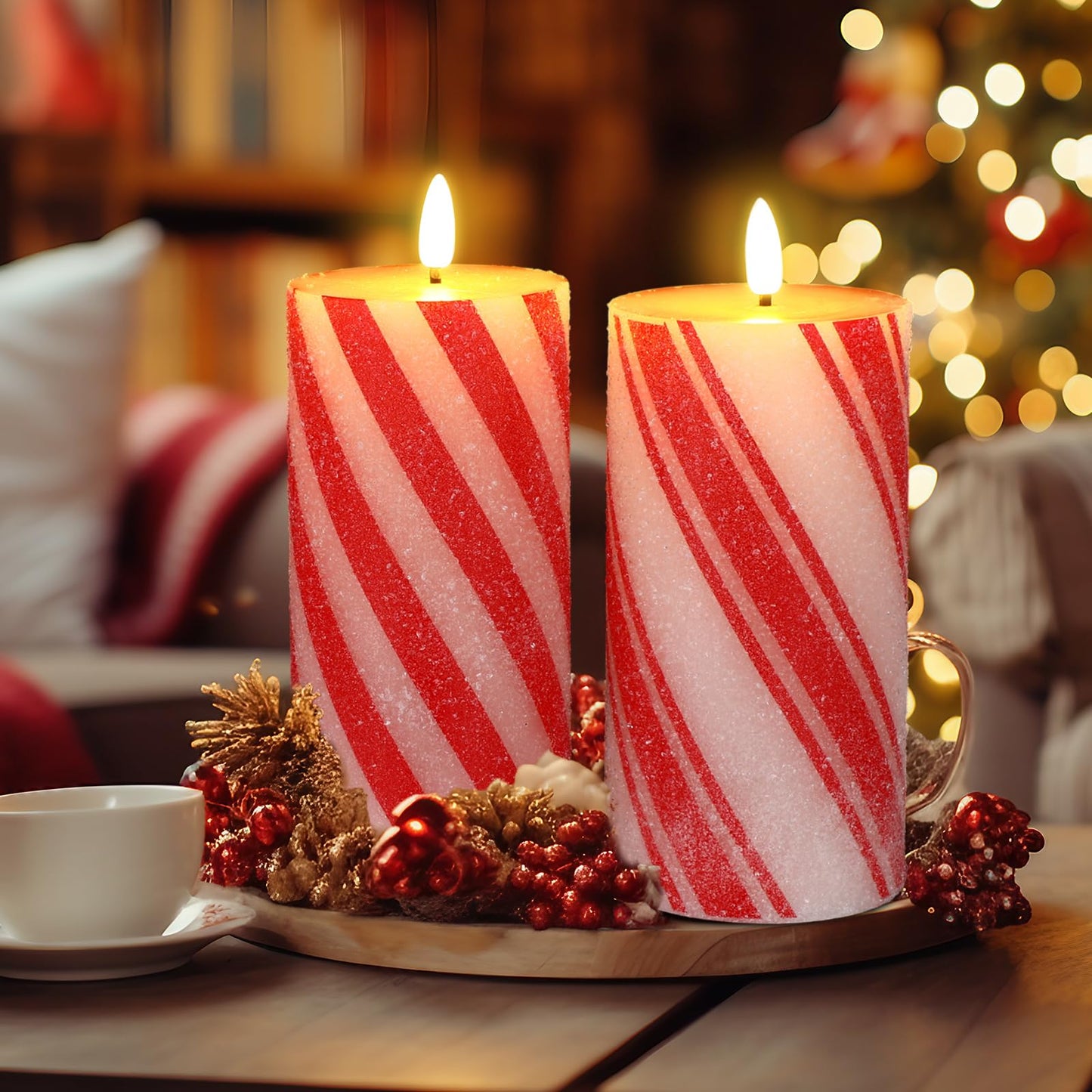 Glooglitter Set of 3 Christmas Flameless LED Candle Frosting Candy Cane Stripe Holiday Pillar Taper Moving Candles Battery Operated Flame Candle with Remote Control for Home Xmas Wedding Decoration