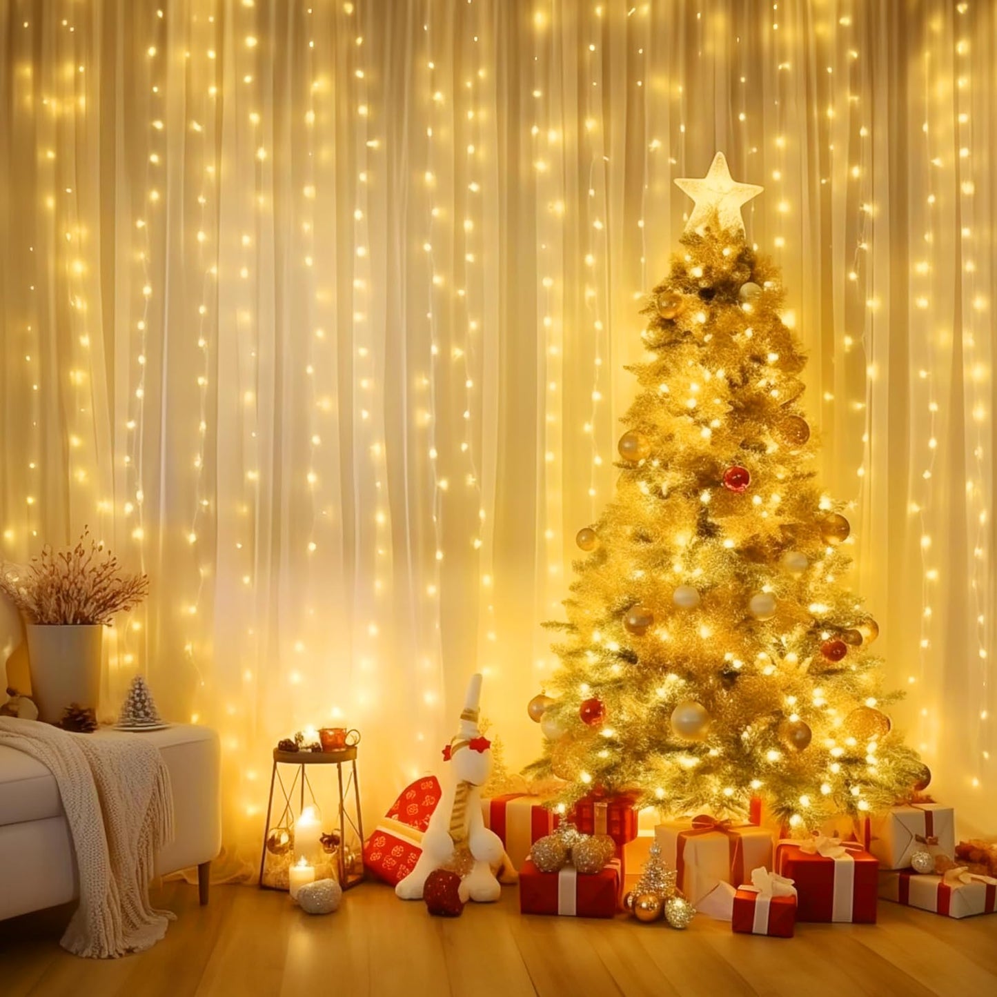 Minetom Curtain Lights, 300 LED Dimmable Fairy Lights Twinkle Lights with Remote and Timer, 8 Modes, USB Powered String Lights for Room Wall Party Christmas Indoor Decor, Warm White
