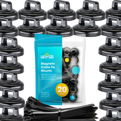 HATSBI. Multipurpose Magnetic Cable Zip Tie Mounts. Black. (20 Pack). 20 Black Cable Zip Ties Included. Cable Holder for Cable Management. Holds Standard Zip Ties/Cable Ties.