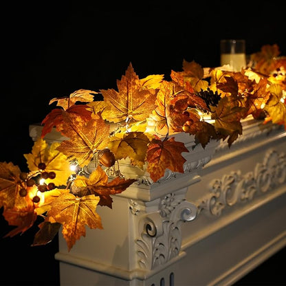 6 Ft Artificial Fall Garland with Lights - Autumn Maple Leaf f Thanksgiving Decor Hanging Vine Autumn Foliage Garland Used for Home Wedding Party Decor