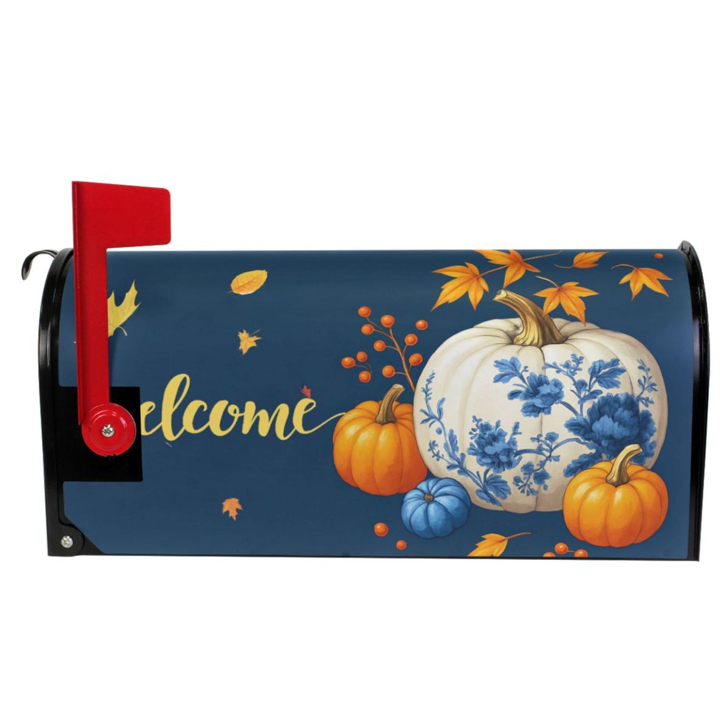 Wamika Welcome Fall Blue Magnetic Mailbox Covers Porcelain Pumpkin Maple Leaves Mailbox Cover Over Size Full Magnet Garden Yard Porch Mail Boxes Cover Holiday Decorations 25" L x 21" W