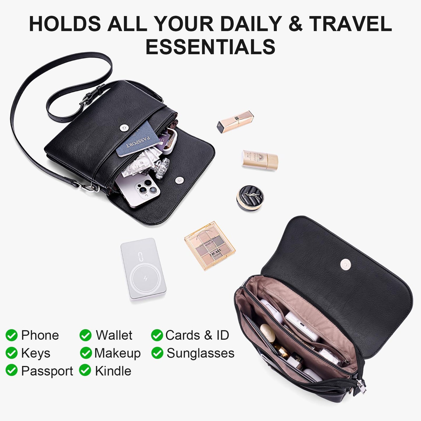 Lexiyat Crossbody Bags for Women Vegan Leather Travel Small Cell Phone Purse Rfid Shoulder Bag with 2 Straps Black