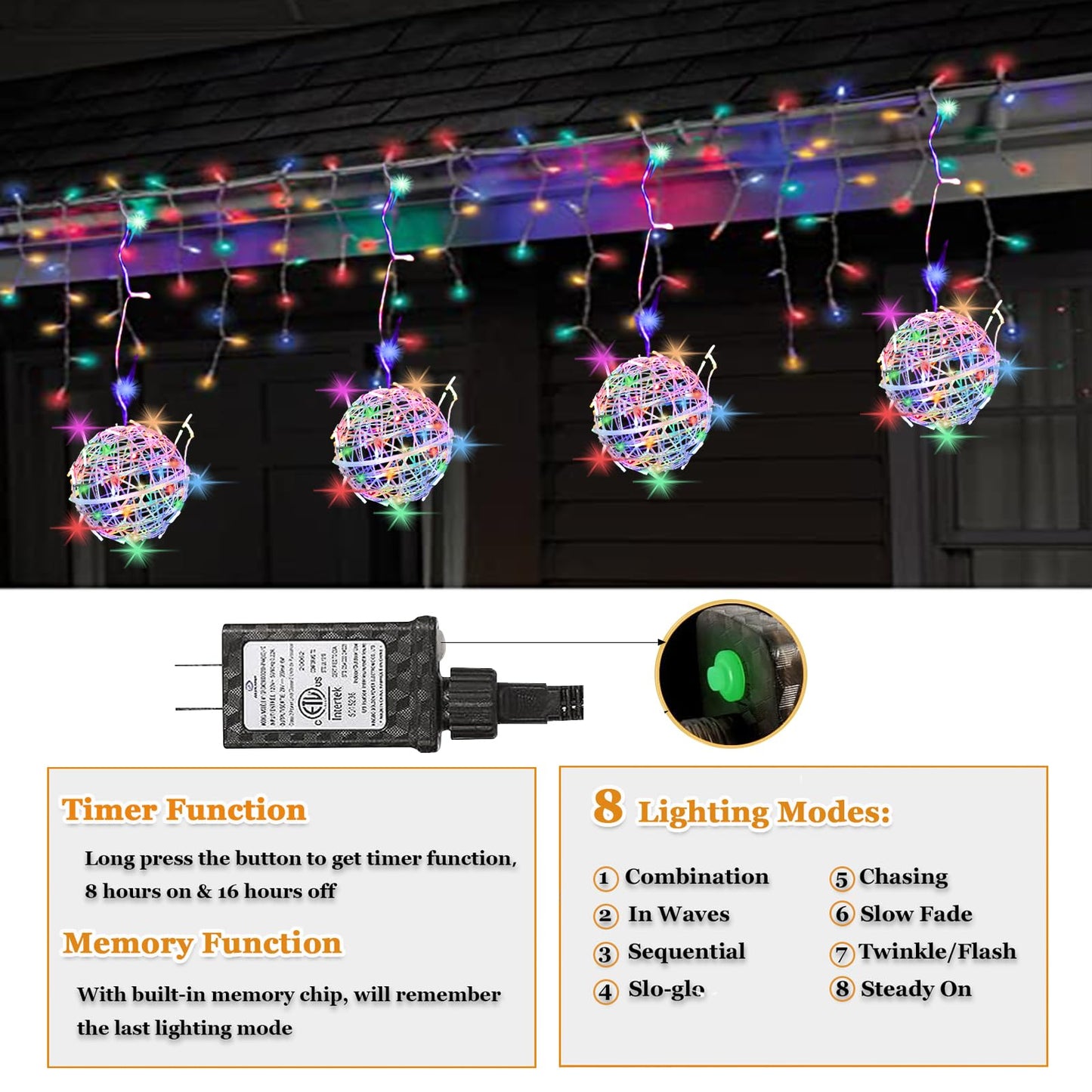 Outdoor Christmas Balls Lights Tree Lights Waterproof, 4 Pack 7.87" LED Hanging Globe Sphere Lights with 8 Lighting Modes Memory Timer Plug for Party Wedding Xmas Porch Patio Garden Yard Decorations