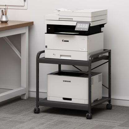 Fannova 2 Tier Under Desk Printer Stand with Storage, 20 Inches Deep Large Printer Table with Height Adjustable Shelf, Rolling Printer Cart with Wheels for Home Office - Black