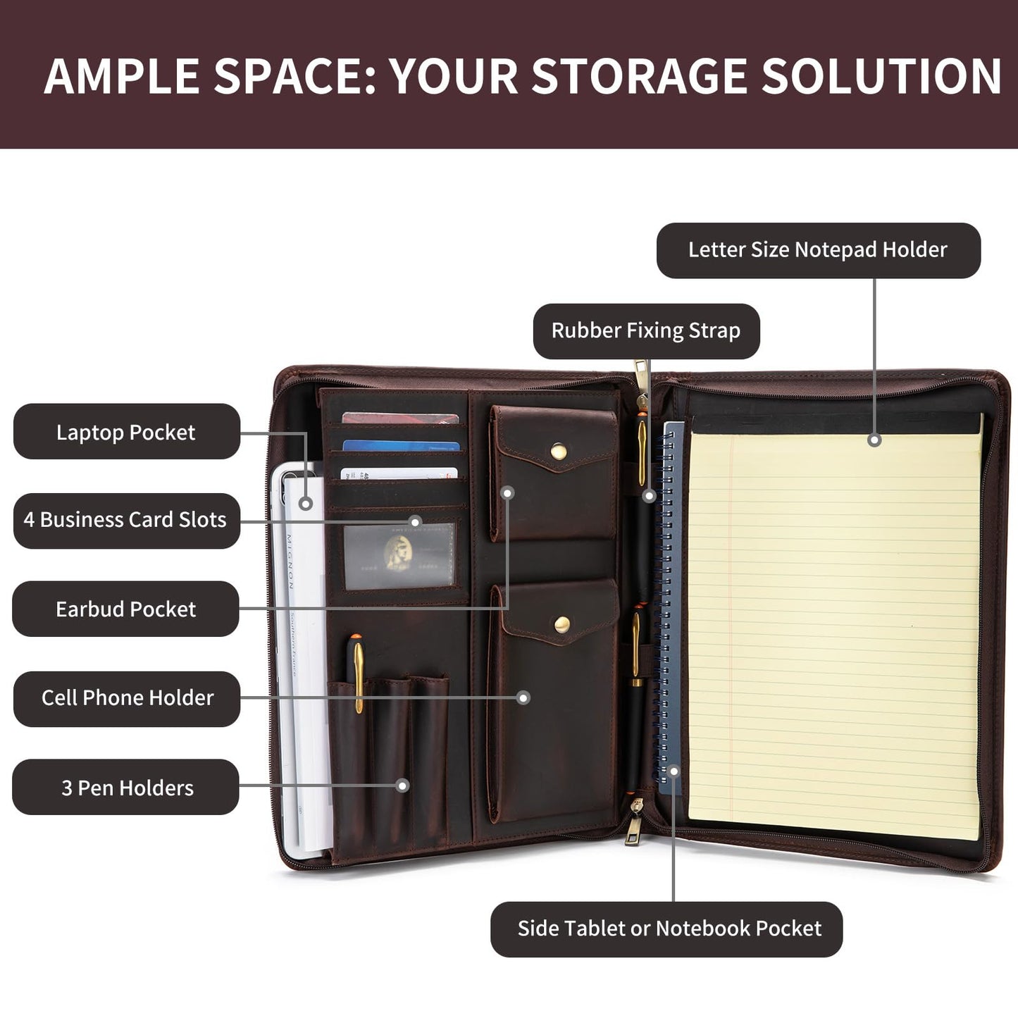Geslun Genuine Leather Portfolio with Hidden Handle, Zippered Front Pocket, Business Padfolio for Men and Women, 8.5 x 11 Legal Pad Notebook Holder, Office Letter Notepad Folio, Dark Brown