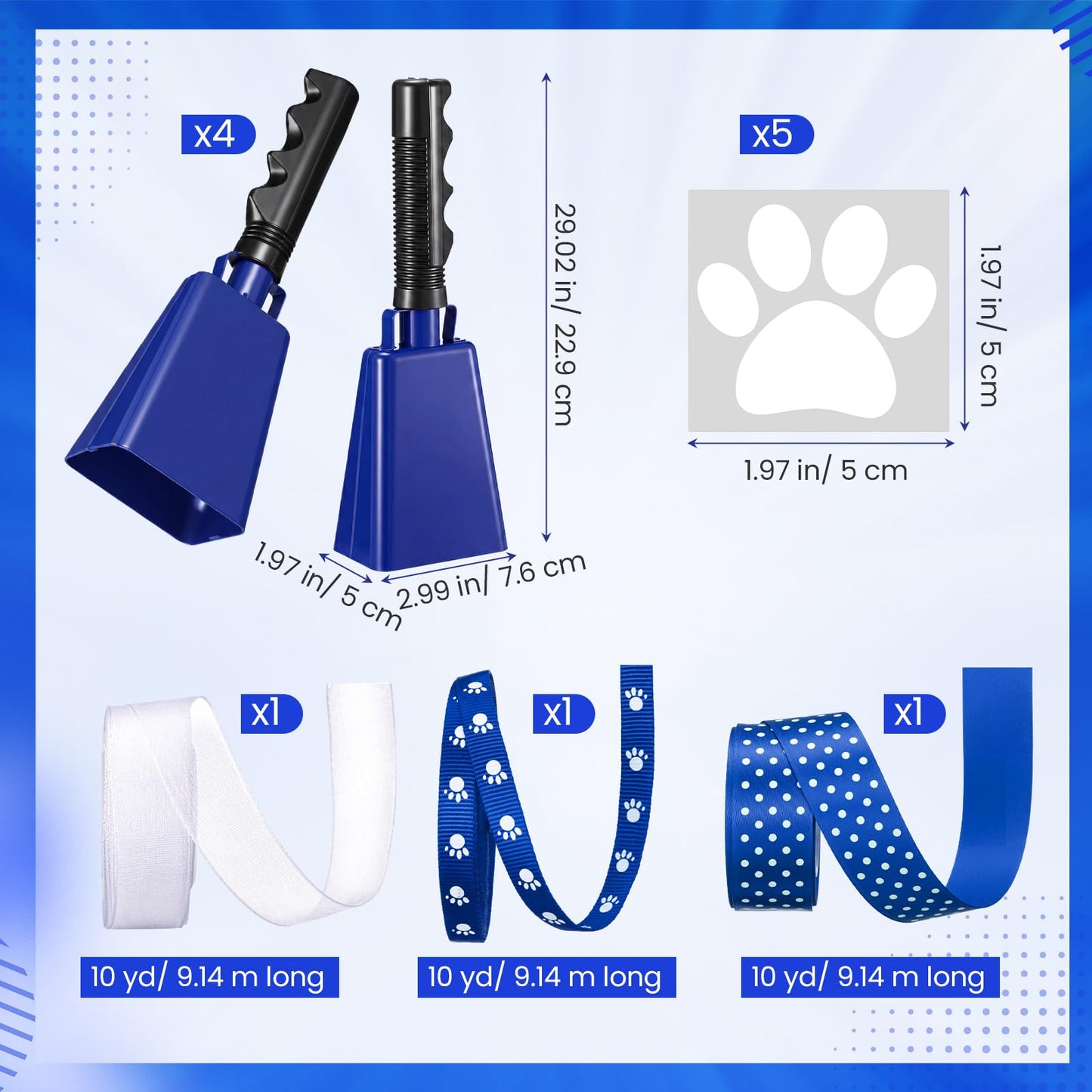 Teyva Daily 4 Pack 9 Inch Metal Cowbells with Handle DIY Loud Noise Makers for Party Accessory Cheerleading Centerpiece Decor for School Cheers Sports Match Game Outdoor Activities