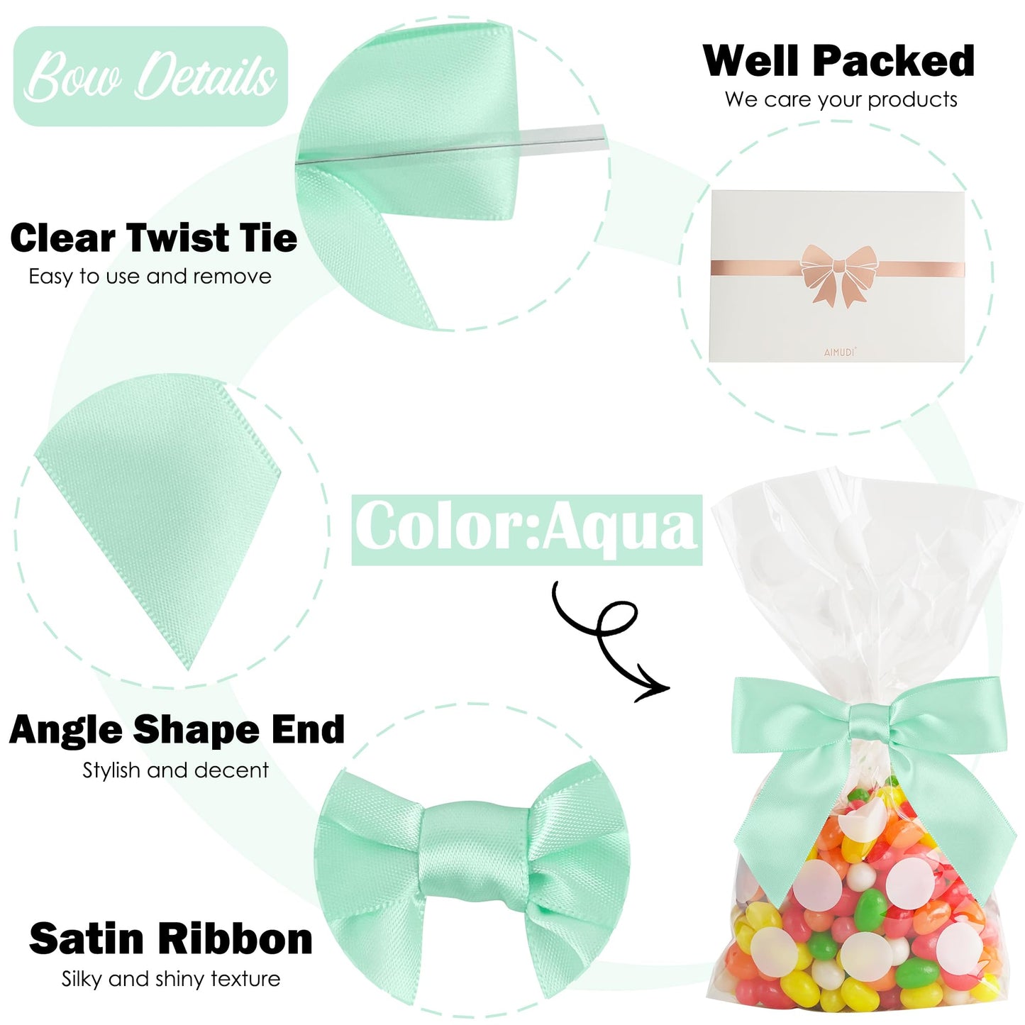 AIMUDI Twist Tie Bows for Treat Bags 3.5" Aqua Blue Satin Ribbon Bows for Crafts Premade Bows with Twist Ties for Crafts Cake Pop Candy Apple Small Bows for Gift Wrapping Wedding Decor, 50 PCs