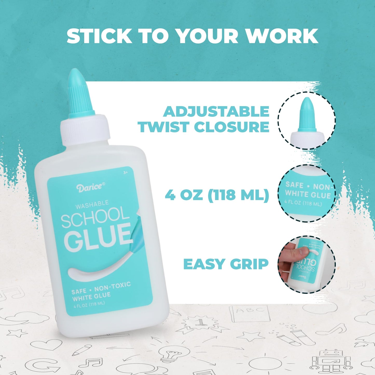 Darice Washable School Glue 4oz - 24-Pack White Liquid Glues for Kids - Extra-Strong for Slime, Arts and Crafts, Back to School Supplies - Glue Bottle with Adjustable Twist Closure