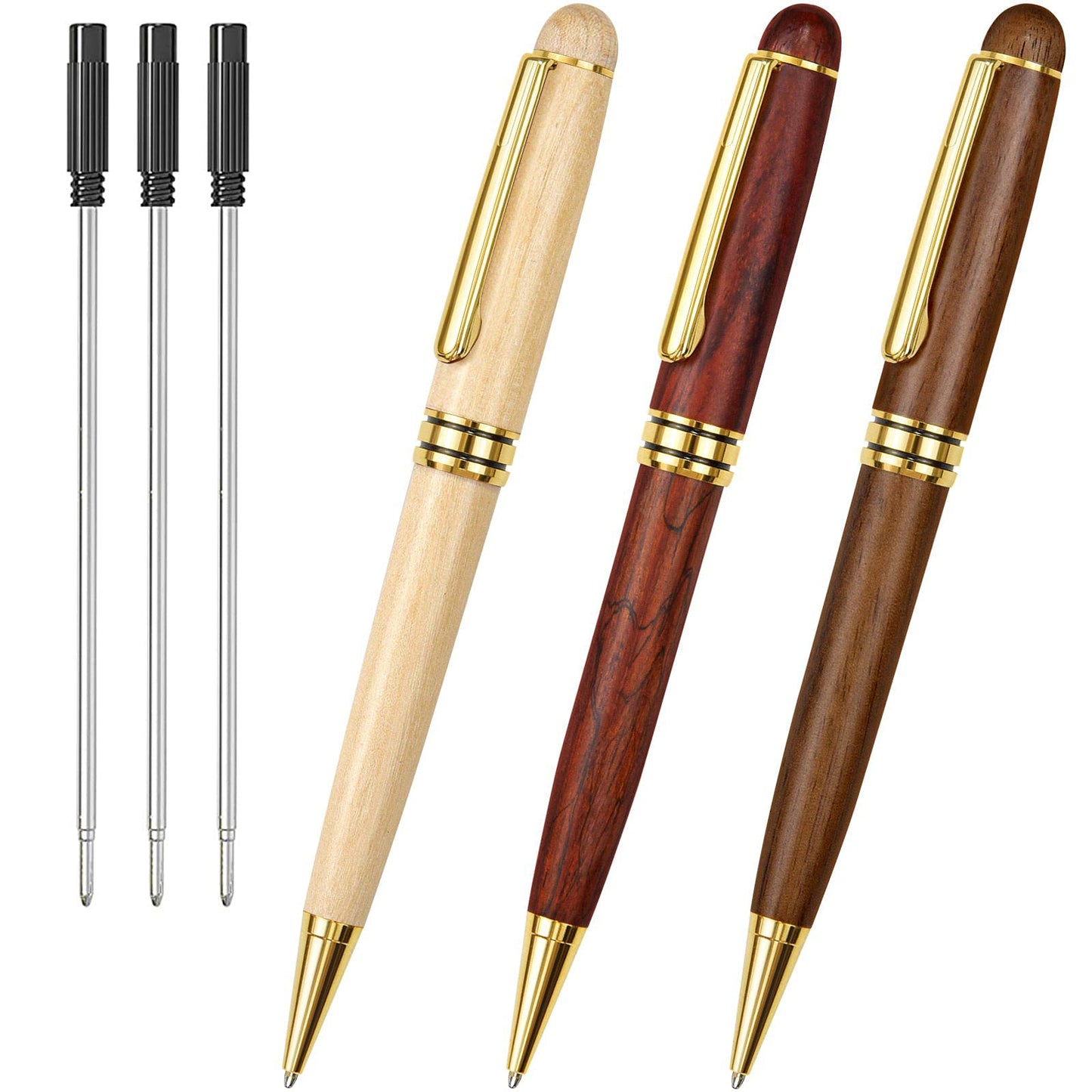 Cambond Wood Ballpoint Pens Gift Set - Luxury Wooden Pens for Men Women Journaling Executive Office, 1.0 mm Medium Point Black Ink, Retractable Twist Writing Pen with Box, 3 Pens with 3 Refills