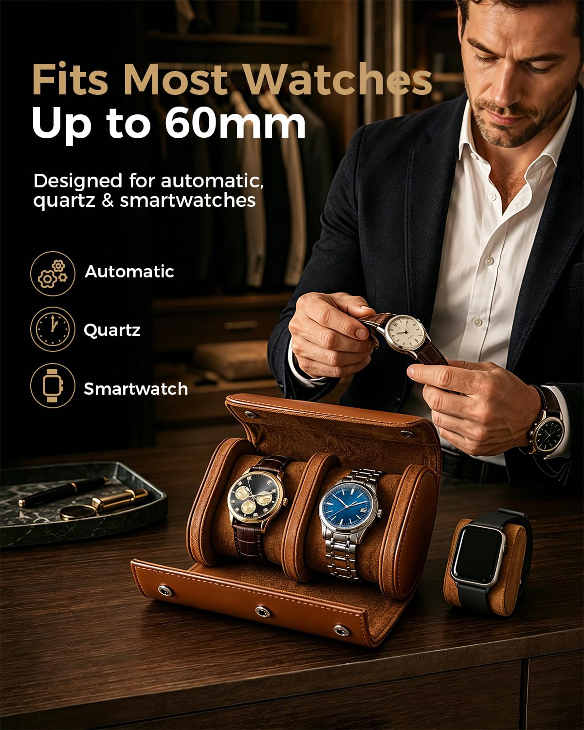 Watch Travel Case for Men: Watch Roll Travel Box 2-Slot with Removable Pillows & Soft Lining - Portable Storage Compact Organizer for Travel & Display - Gift for Men (Brown)