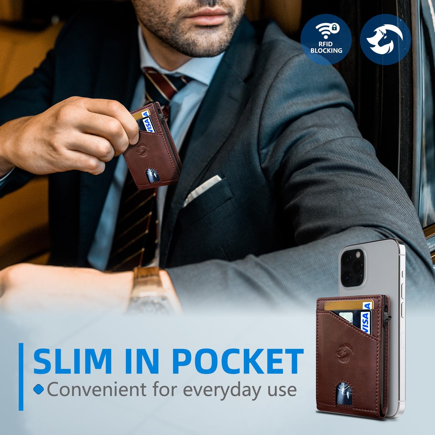 Housmai Wallet for Men, Slim Pop Up Card Holder with RFID Blocking, Minimalist Bifold Wallet with 9 Card Slots, ID Window and Cash Pocket, Metal Flip Case with Magnetic Closure, Gift Box