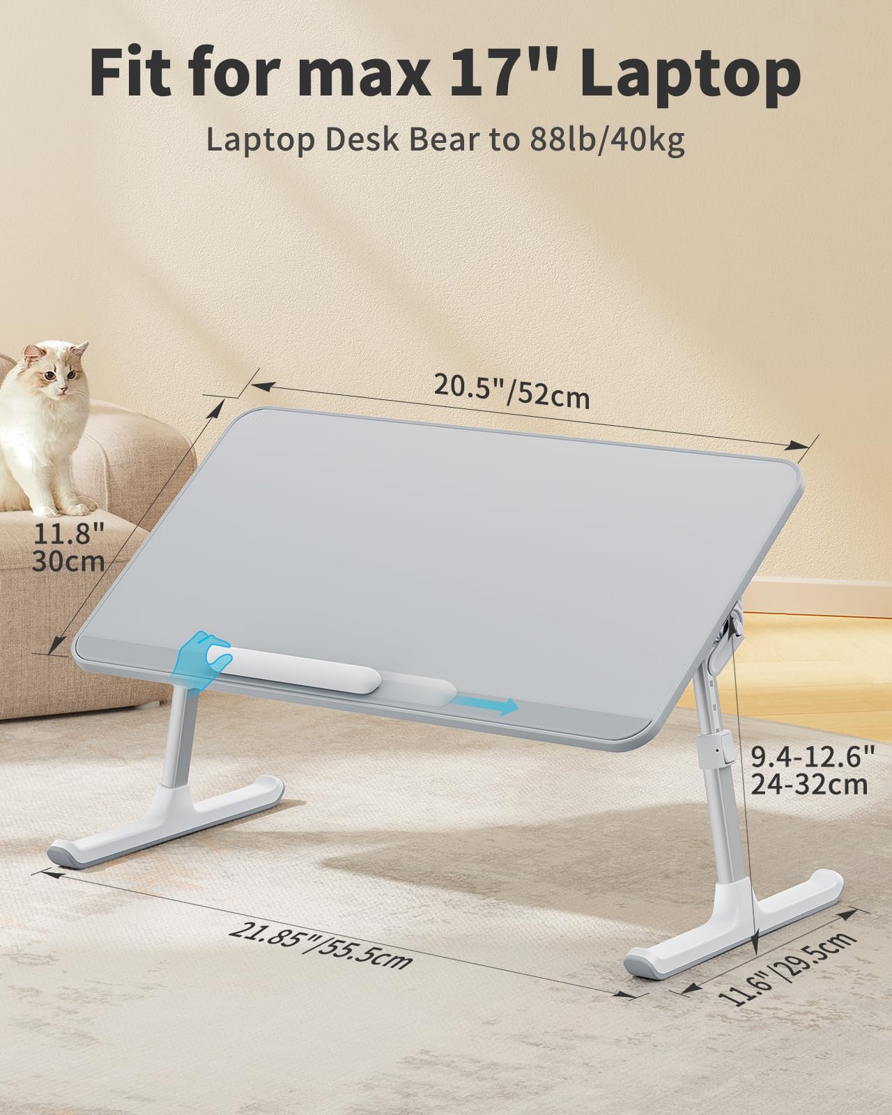 SAIJI Leather Lap Desk Laptop Bed Tray Table, Adjustable Laptop Stand for Bed, Portable Lightweight Standing Desk for Writing Eating Reading Couch Sofa Floor for Adults Kids (20.5"*11.8",Gray)