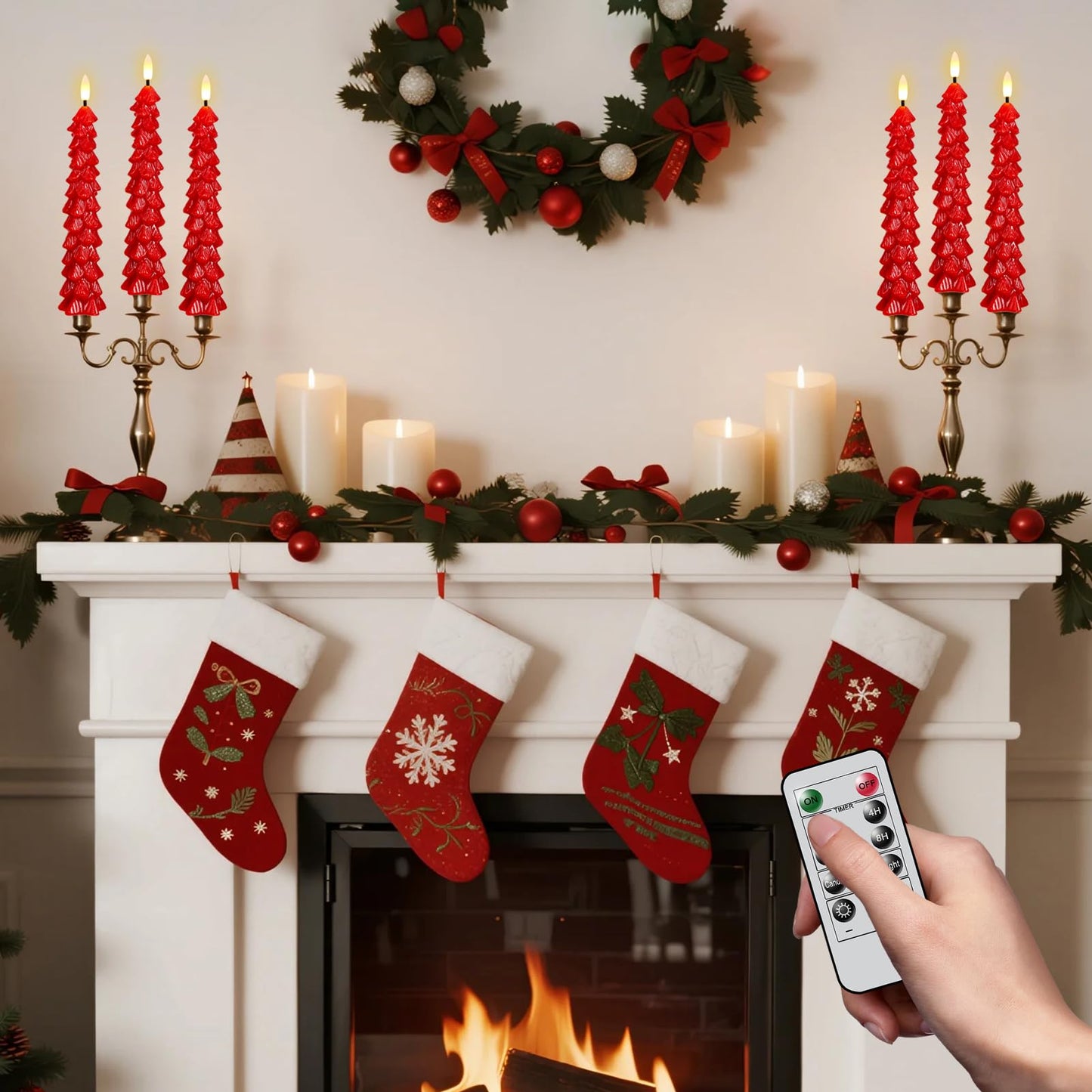 KunSwenn Christmas Tree Candles, Red Christmas Taper Candles, Set of 6 Real Wax LED Flameless Taper Candle, 9.8 Inch LED Tree Candlesticks for Xmas Home Decor