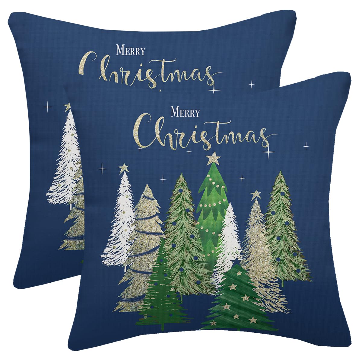 AELUTYSH Blue Christmas Pillow Covers 18x18 Inch Set of 2, Christmas Tree Gold Star Decorative Throw Pillows Winter Pillow Case Holiday Christmas Decor Cushion Cover for Home Sofa Couch