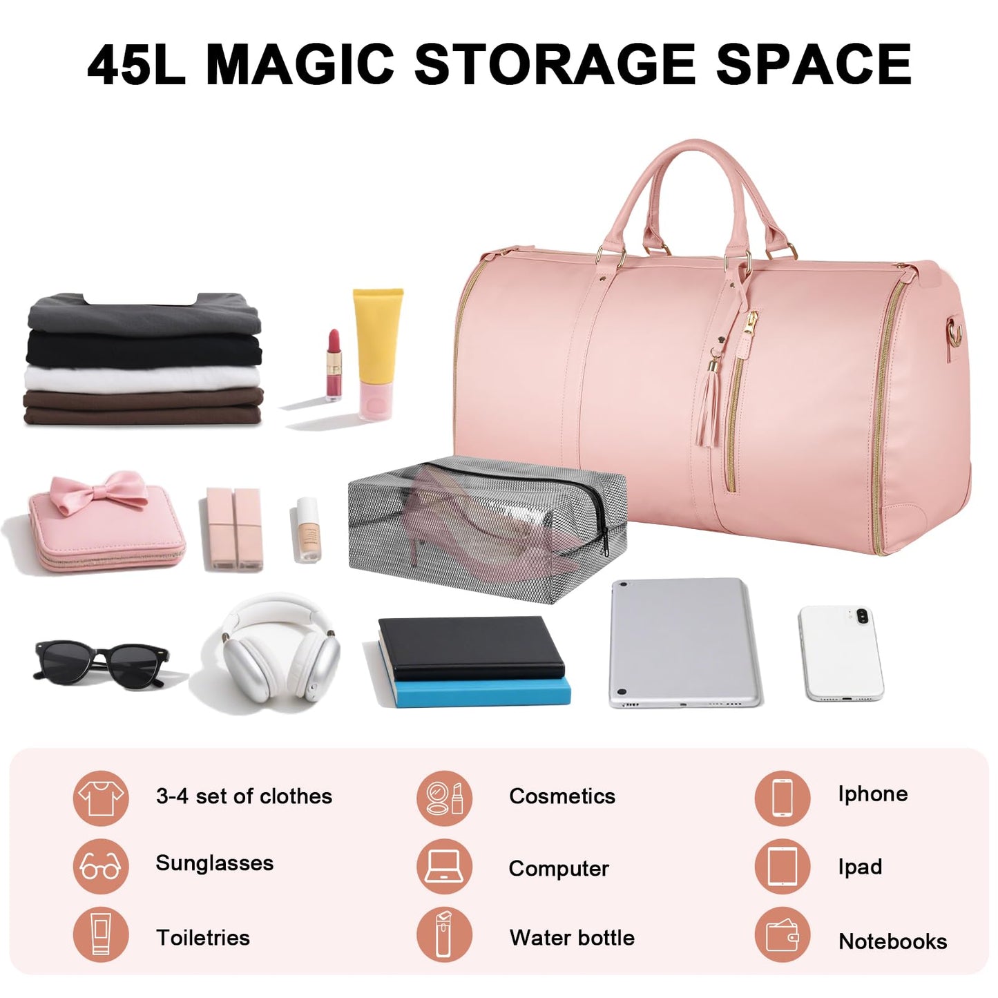 Ytonet Rolling Garment Bags for Travel, Convertible Carry On PU Leather Travel Bag 2.0 Roller Edition, 3 in 1 Suit Garment Duffle Bag with Wheels and Shoe Pouch for Business Wedding Overnight, Pink