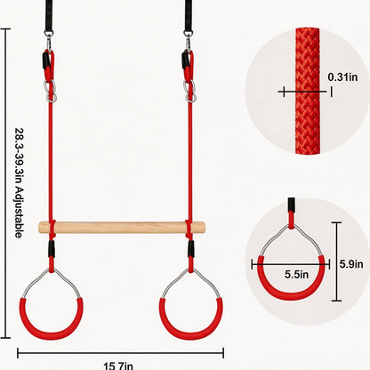 Nets Tribe Trapeze Swing Bar with Gymnastic Rings Warrior Accessories for Obstacle Course Monkey Bars for Indoor Outdoor Garden, Backyard, Playground, Playroom, Red, Wood
