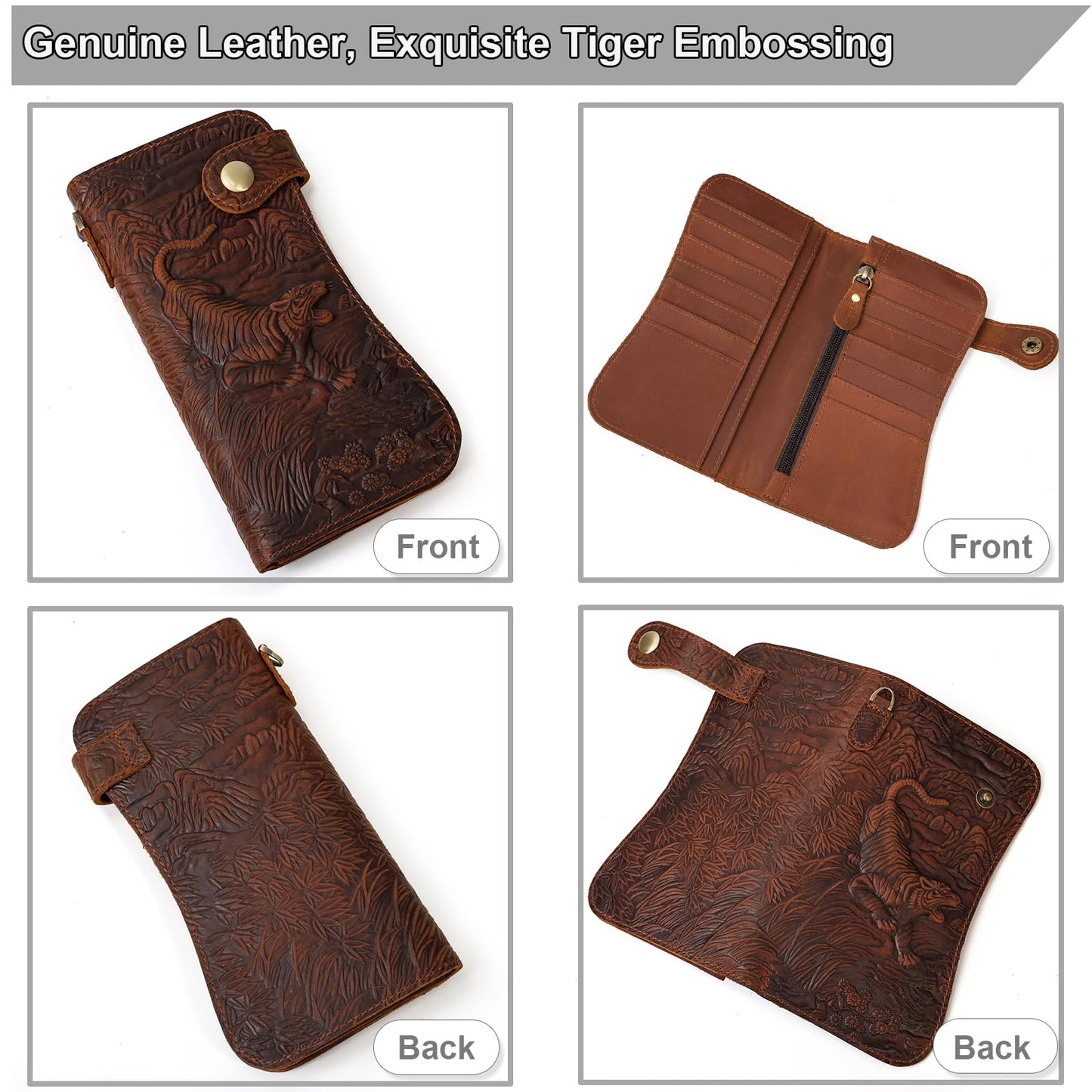 Yevabo Retro Full-grain Genuine Leather Long Wallet Tiger Embossed Bi-fold Clutch Wallet with Anti-Theft Chain, Card Holder Zipper Coin Purse for Men, Brown