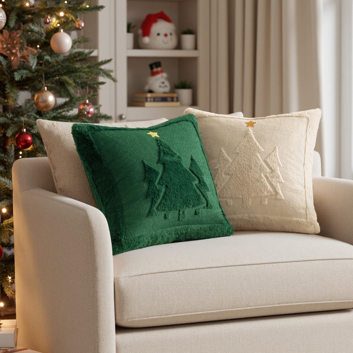 MIULEE Christmas Trees Pillow Covers Set of 2 Decorative Soft Throw Pillows Plush Faux Fur Wool Embroidered Couch Cushion for Holiday Winter Home Decor Chair Sofa Bedroom Living Room,Beige 18x18inch