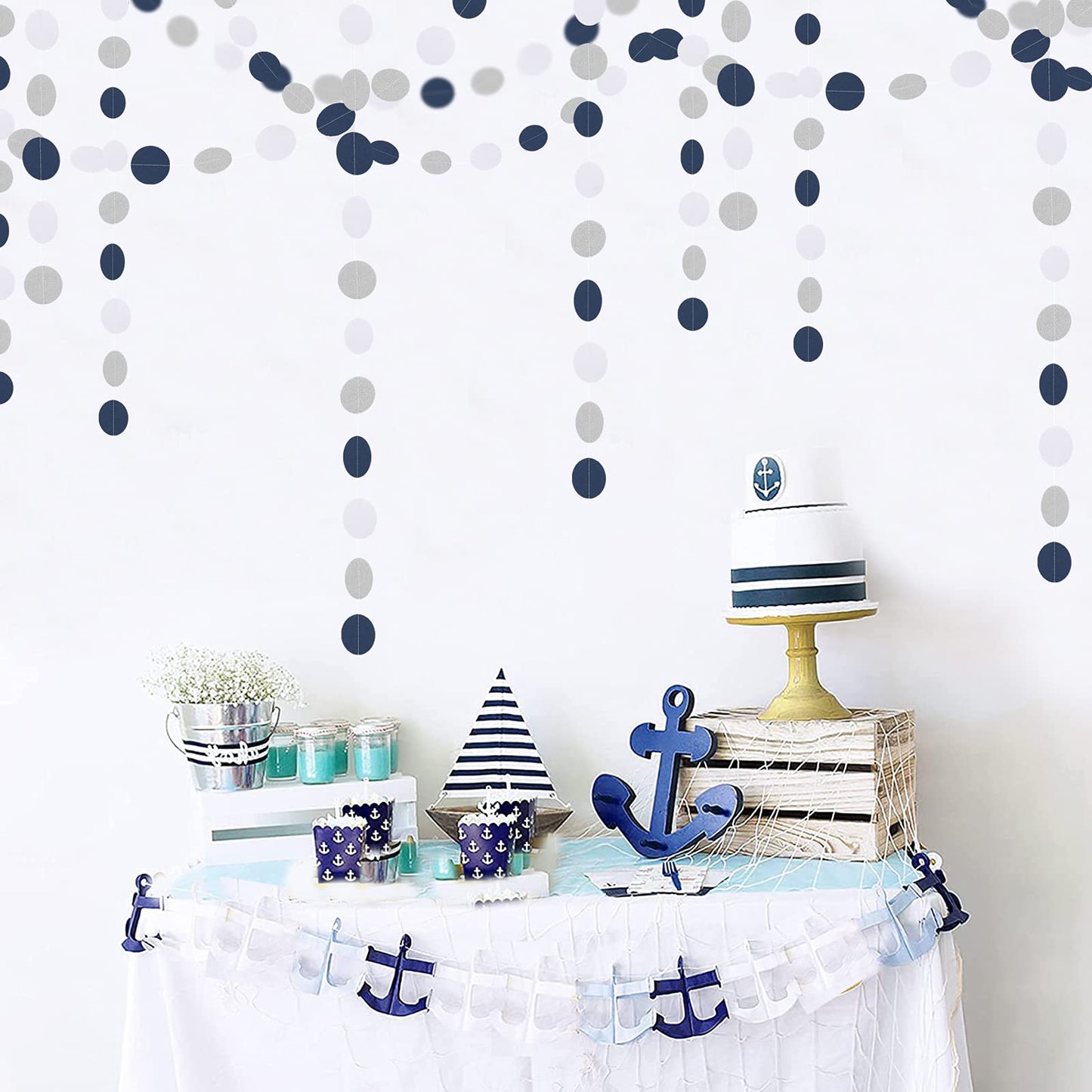Navy Blue White Silver Paper Garland,52Ft Gender Reveal Hanging Decoration Streamer Banner,Graduation Engagement Christmas Wedding Birthday Party Backdrop Bunting Lasting Surprise