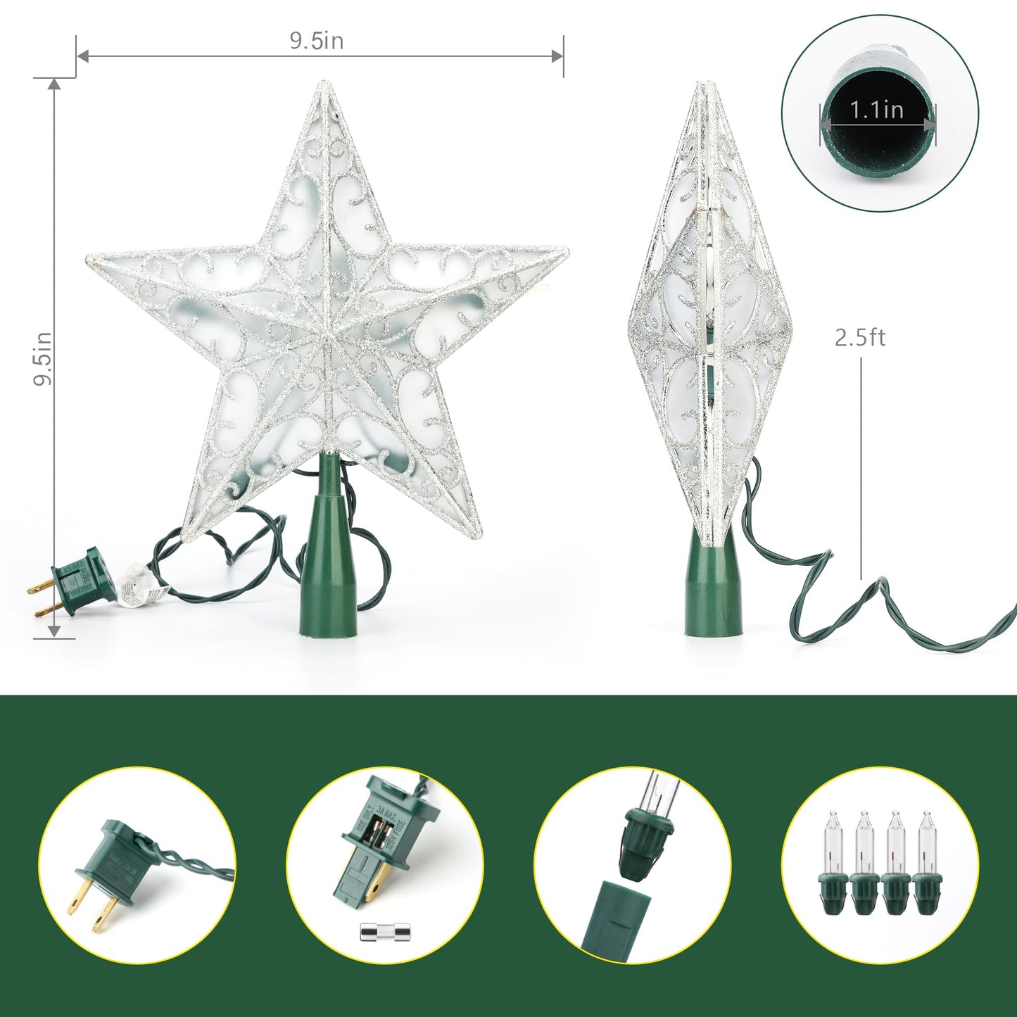 ODEETRONIC Star Christmas Tree Topper, 9.5in UL Certified 3D Star Tree Topper Lights, Double Sided Christmas Tree-top with 10 Count Incandescent Warm White Lights for Xmas Tree New Year Home, Silver