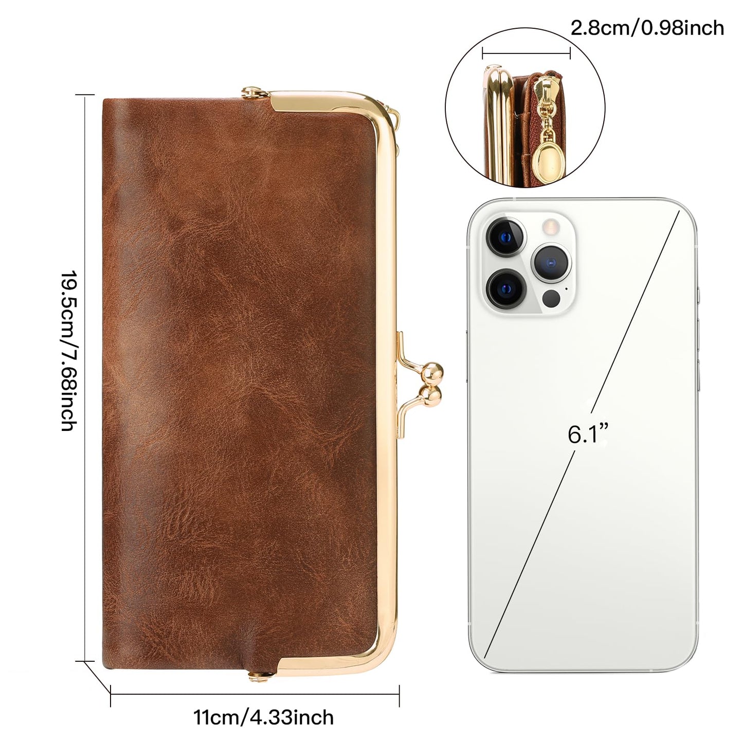 GOIACII Womens Wallet Ladies Vintage Billfold Compact Card Holder Long Zip Clutch Purse with Kiss Lock Brown