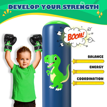 QPAU Inflatable Punching Bag, 48 Inch Stable Inflatable Boxing Bag for 3-6 Kids,Dinosaur Toy & Gifts for Boys and Girls, Kids Boxing Set for Practicing Karate, Taekwondo