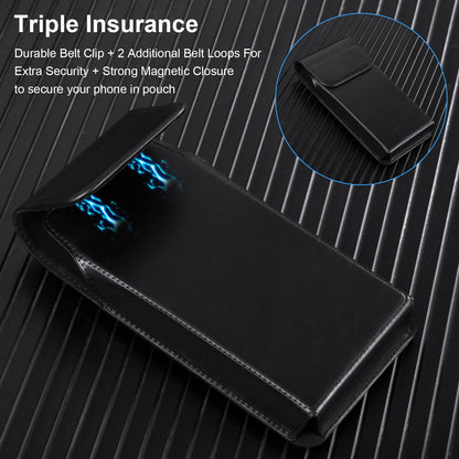 Leather Phone Holster for Samsung Galaxy Z Fold 7/6/5/4/3 Case with Belt Clip for iPhone 16/15/14/13 /12/11 Pro Max & Galaxy S26/S25/S24/S23 Ultra Cover Carrying Pouch Card Holder(V Black)