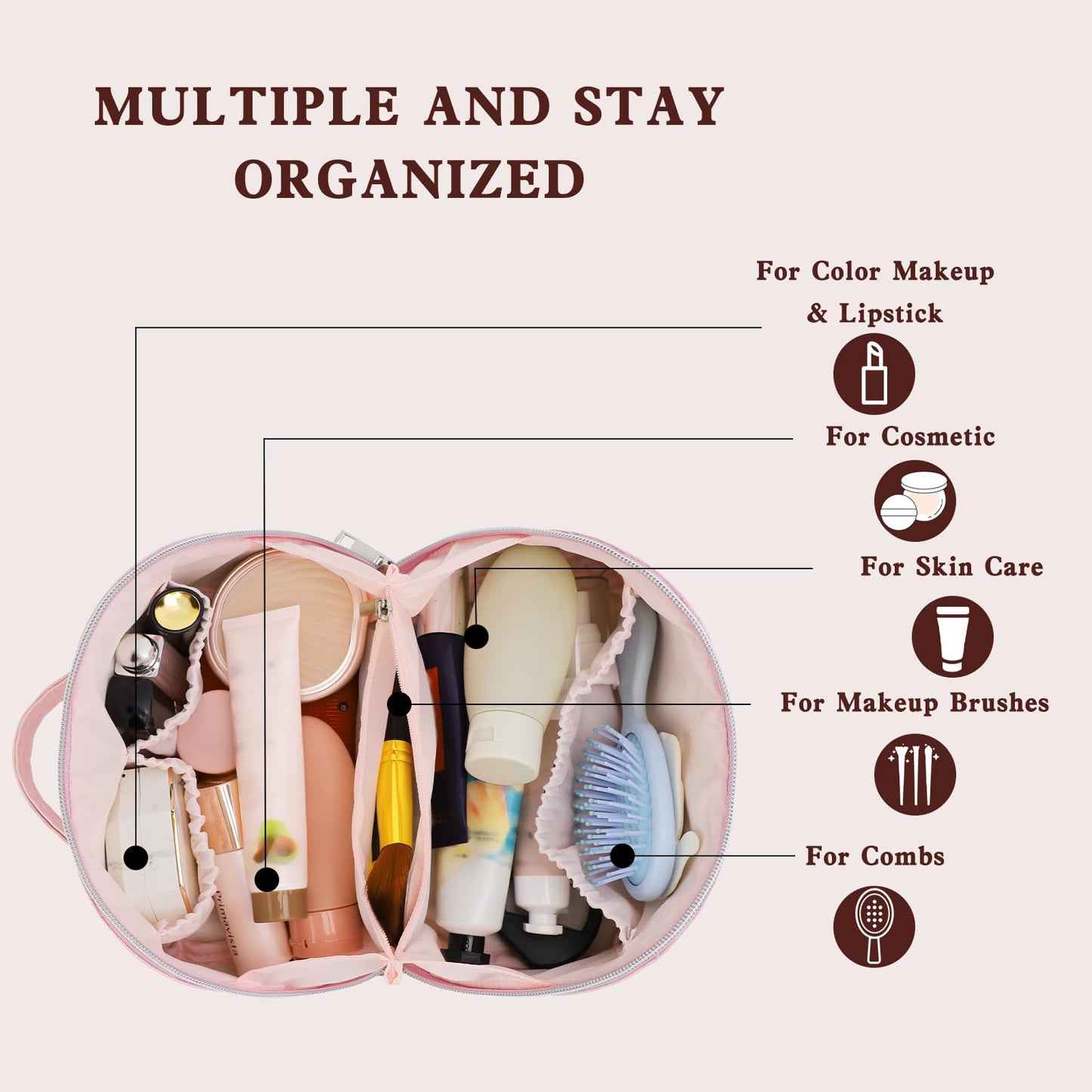 TINYAT Travel Makeup Bag for Women Open Flat Cosmetic Bags Leather Toiletry Bag Waterproof Pouch Travel Essentials Organizer