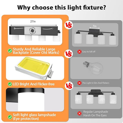 4-Light Bathroom Light Fixtures, Modern LED Vanity Light with White Glass Shade, Matte Black Bathroom Light Fixtures Over Mirror, for Mirror Living Room Cabinet Bedroom, 27 inch