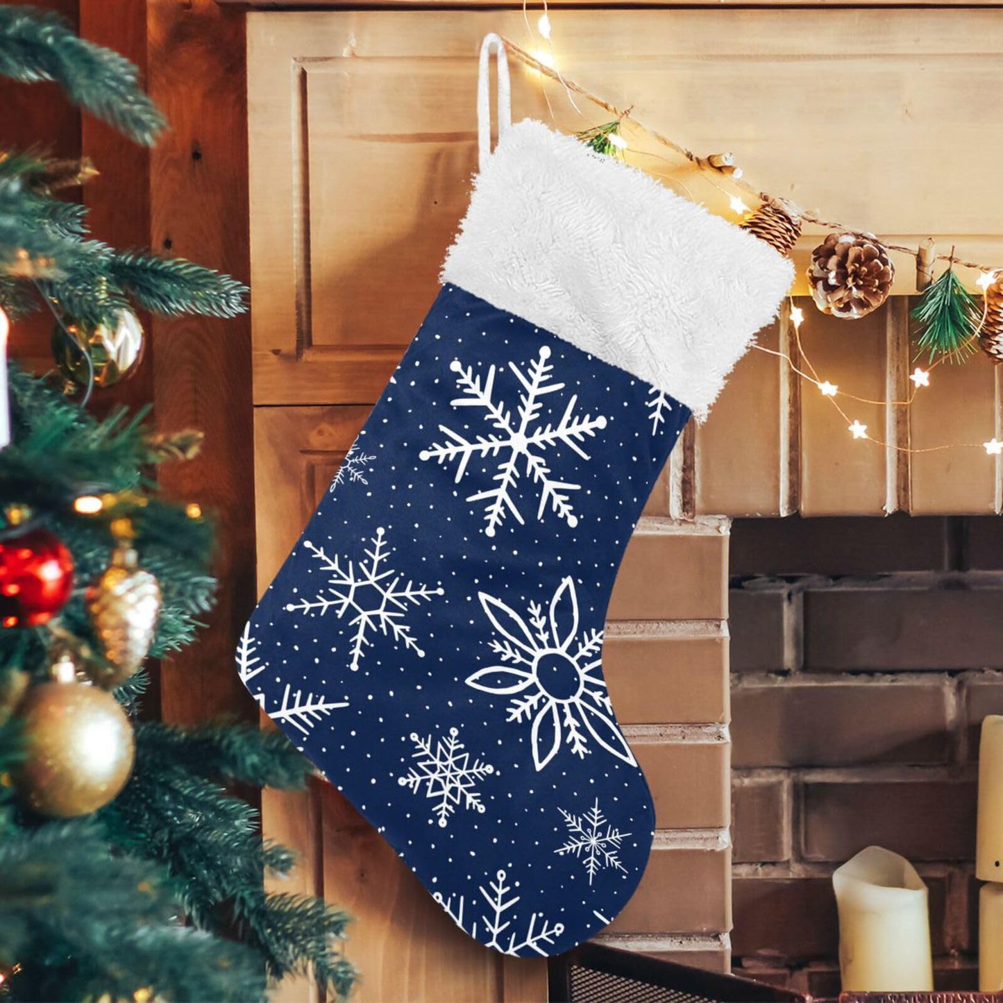 YETTASBIN Blue Snowflake Christmas Stocking 1 Pack, Large Xmas Tree Fireplace Hanging Stockings with Plush Fur Cuff for Family Holiday Party Decor Xmas Gifts, 18 Inch