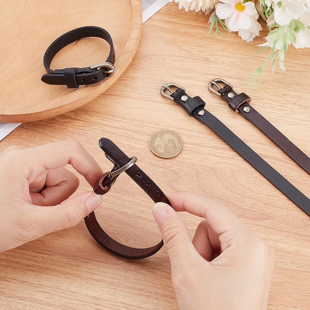 CALFOVERA 4PCS Genuine Leather Wristband Bracelet Retro Adjustable 2 Colors Simple Alloy Buckle Bangle Cowhide Leather Stirrup Straps Cuff Bracelet Jewelry for Men Women Daily Party