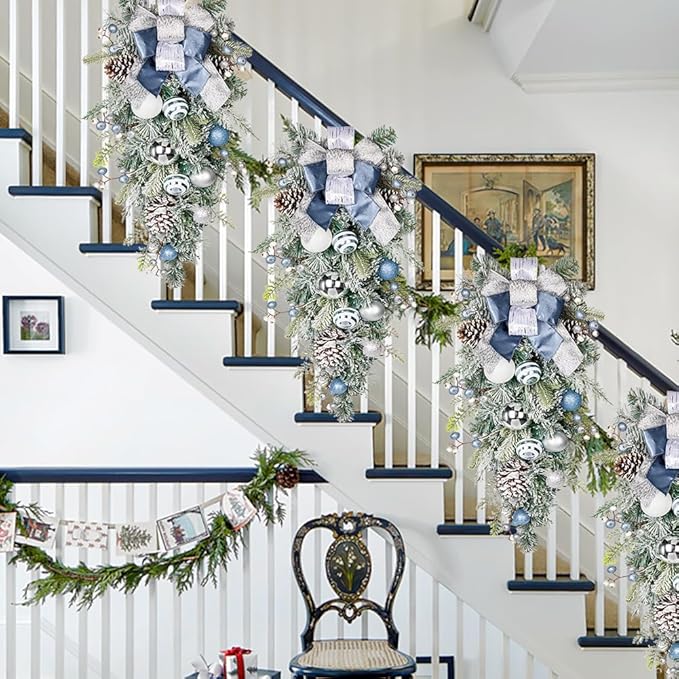 30" Christmas Teardrop Swag for Front Door Artificial Winter Swag Garland with Pine Cones, Berry Clusters, Blue Ball Ornaments and Ribbons for Thanksgiving Holiday Christmas Decoration