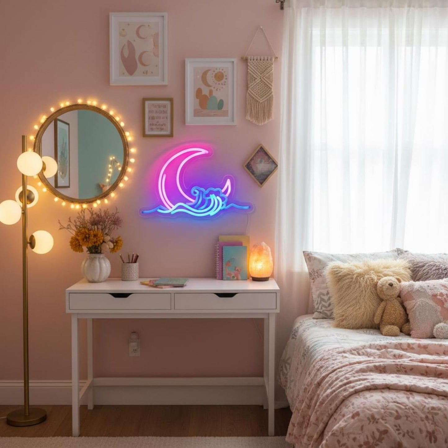 Moon and Wave Neon Sign for Wall Decor Pink Moon Blue Wave LED Neon Light for Bedroom Dresser Aesthetic Room Decor USB Powered Wall Art for Living Room Bar Kid's Room Ideal Teens Girls Gifts