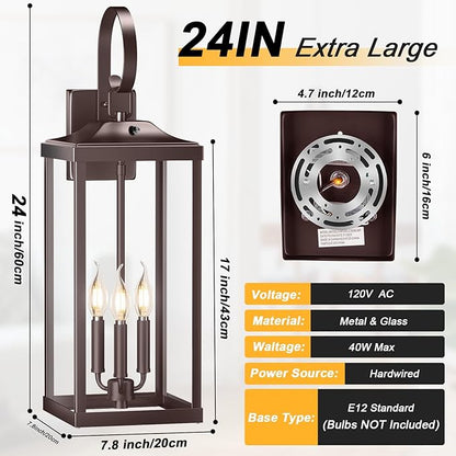 2 Packs 24" Extra Large Dusk to Dawn Light Fixture 3-Light, Oil Rubbed Bronze Outdoor Porch Lantern Wall Mounted, Waterproof Modern Outside Wall Sconce Brown Lamp for House, E12