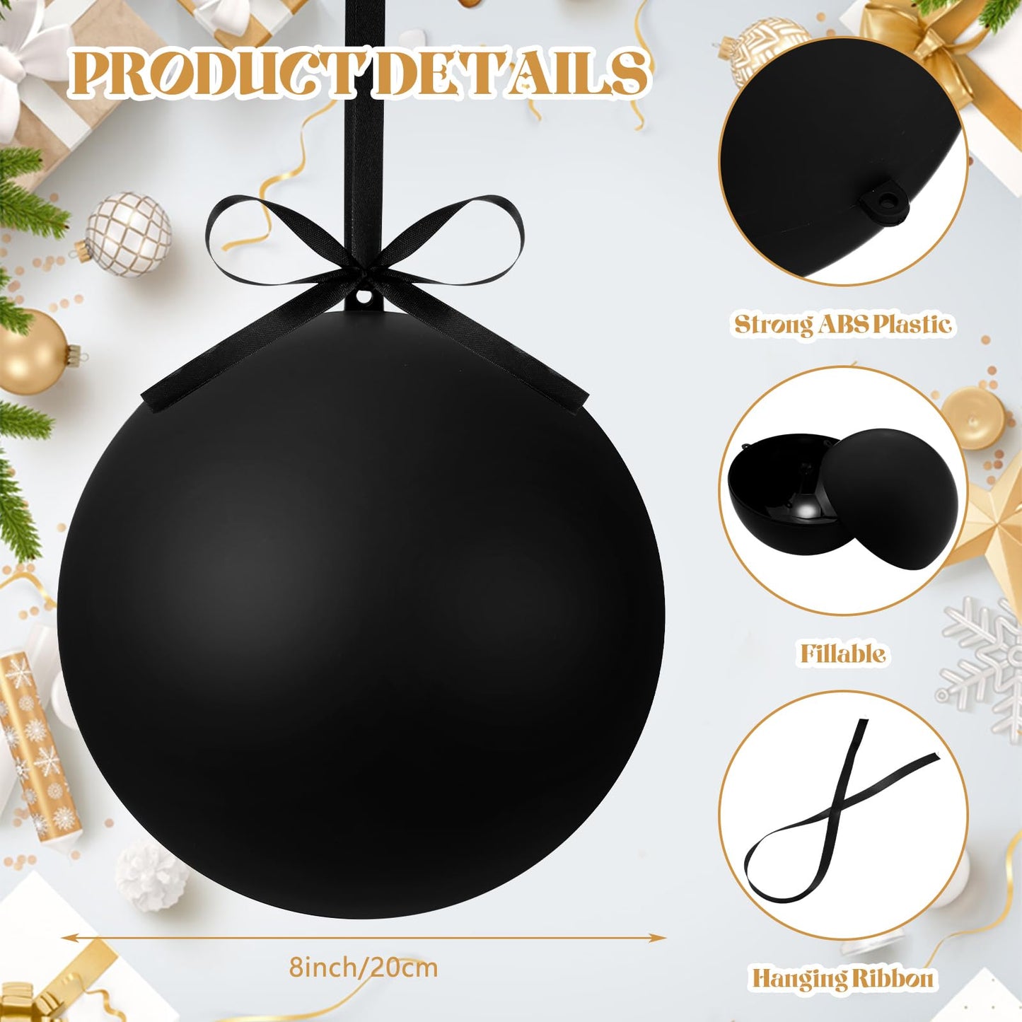 Zubebe 2 Pcs 8" Giant Fillable Christmas Ornaments with Ribbons Oversized Plastic Xmas Balls for Outdoor Lawn Yard Decor, Tree Hanging, Holiday Gifts(Matte Black, Shiny Black)