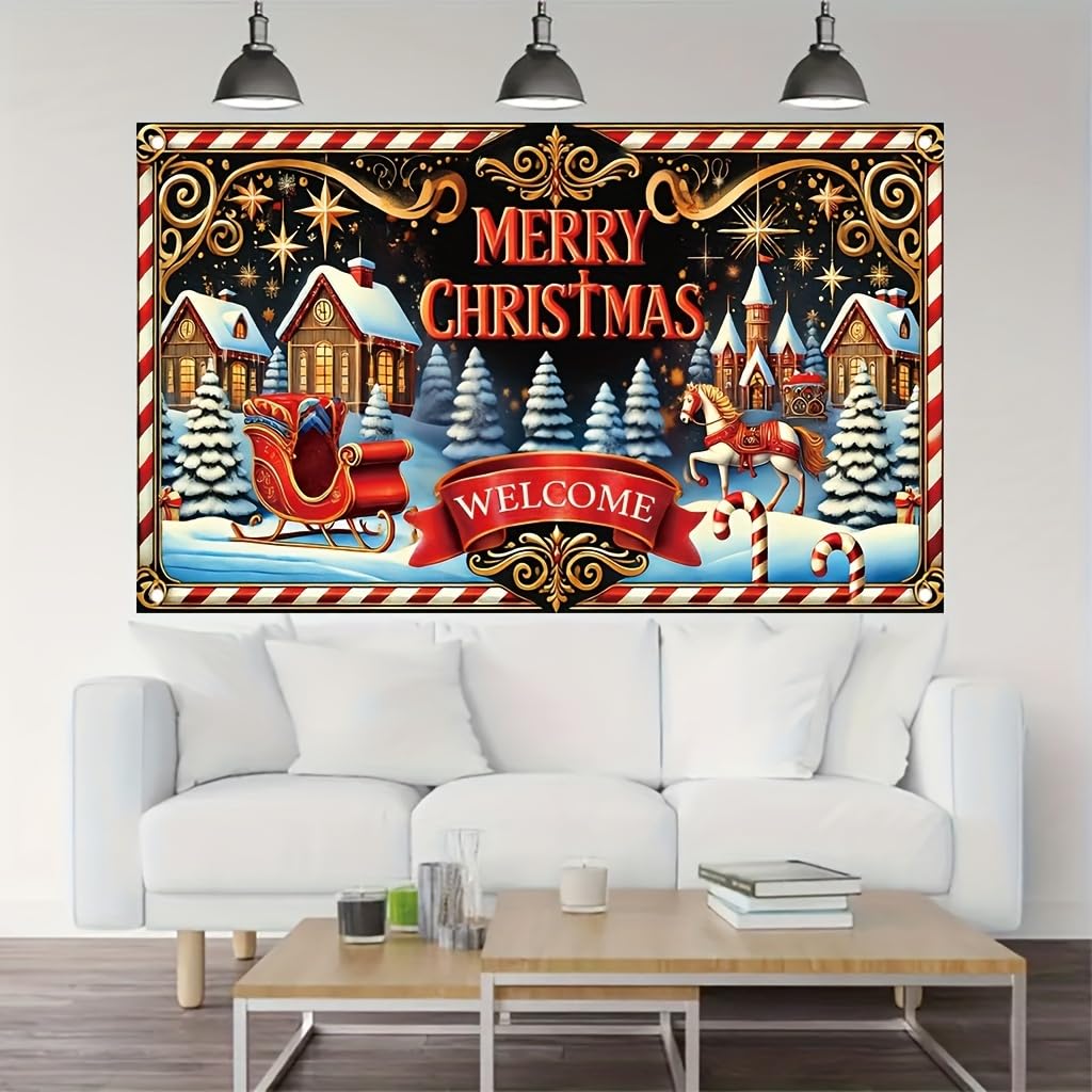 Tomhong Merry Christmas Welcome Sign 71x43inch Large Outdoor Yard Banner forWinter Holiday Party Porch Decoration Festive Xmas Scene with Sleigh Horse Candy Cane andSnowy Village