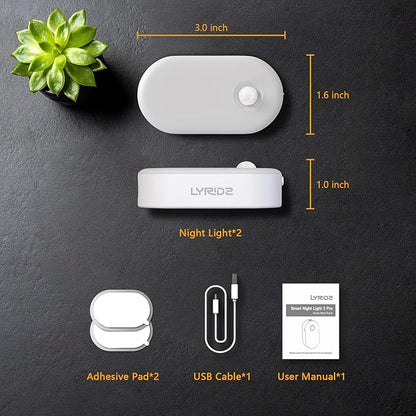 Lyridz Rechargeable Battery Night Light with Motion Sensor, Portable Mini Warm White LED Stick-on Closet Light, Adjustable Brightness for Bathroom, Bedroom, Kitchen, Cabinet, Stairs, Hallway, 2-Pack