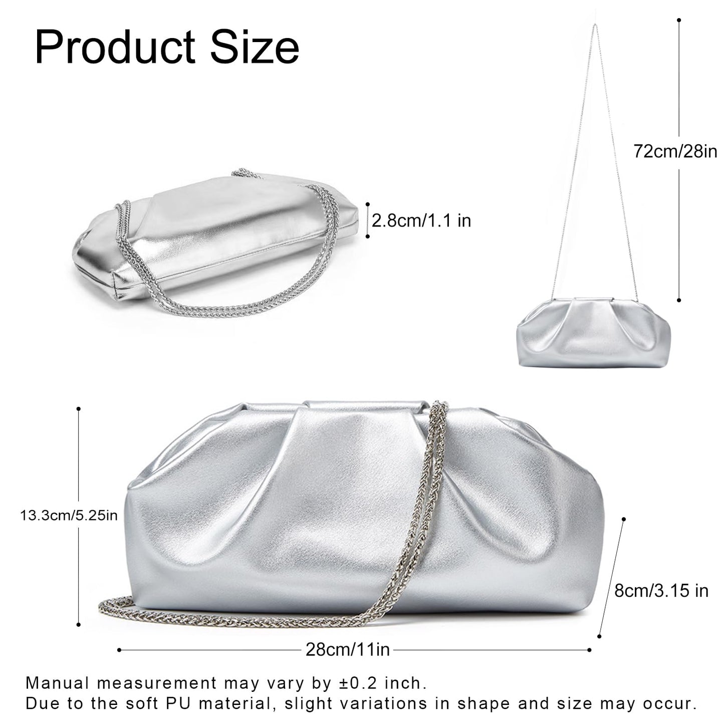 Clutch Purses for Women – Elegant Pleated Soft PU Leather Evening Bag with Detachable Chain, Ideal for Weddings & Parties (Silver)