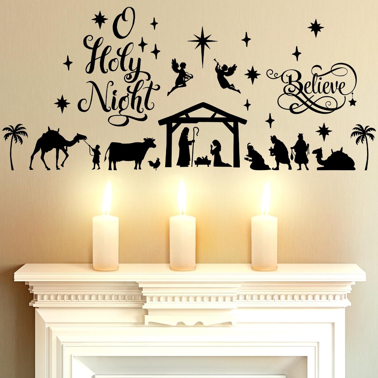 Chinco Large Christmas Nativity Scene Wall Decor Stickers Nativity Vinyl Wall Decal Christmas Decorations Religious Murals Modern for Xmas Room Decor, Black (O Holy Night)