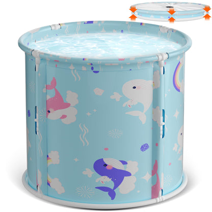 Portable Bathtub, Foldable Bathtub for Kids, Boys and Girls, Therapy Tub for Shower Stall Bathroom Fold Up Japanese Soaking Hot SPA Bath Tub, Outside Ice Bath 21.65''x23.62''(Ocean World Blue)